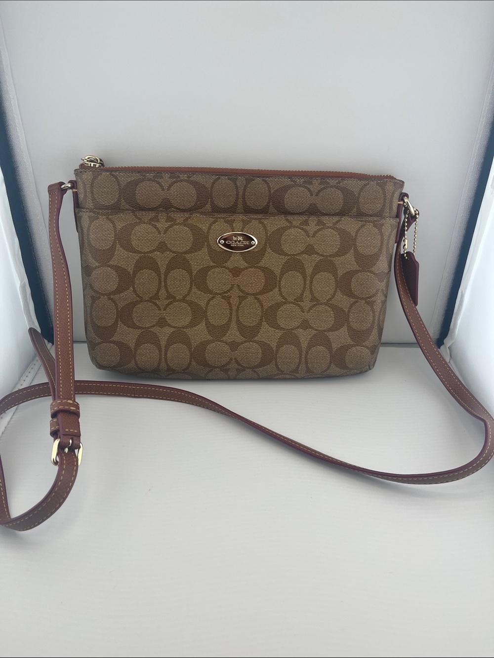 Coach Brown Signature Canvas Crossbody with Leather Trim